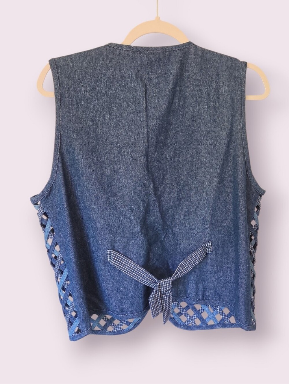 Vintage Denim Lattice Floral Patchwork Vest Size M - Picture 2 of 6